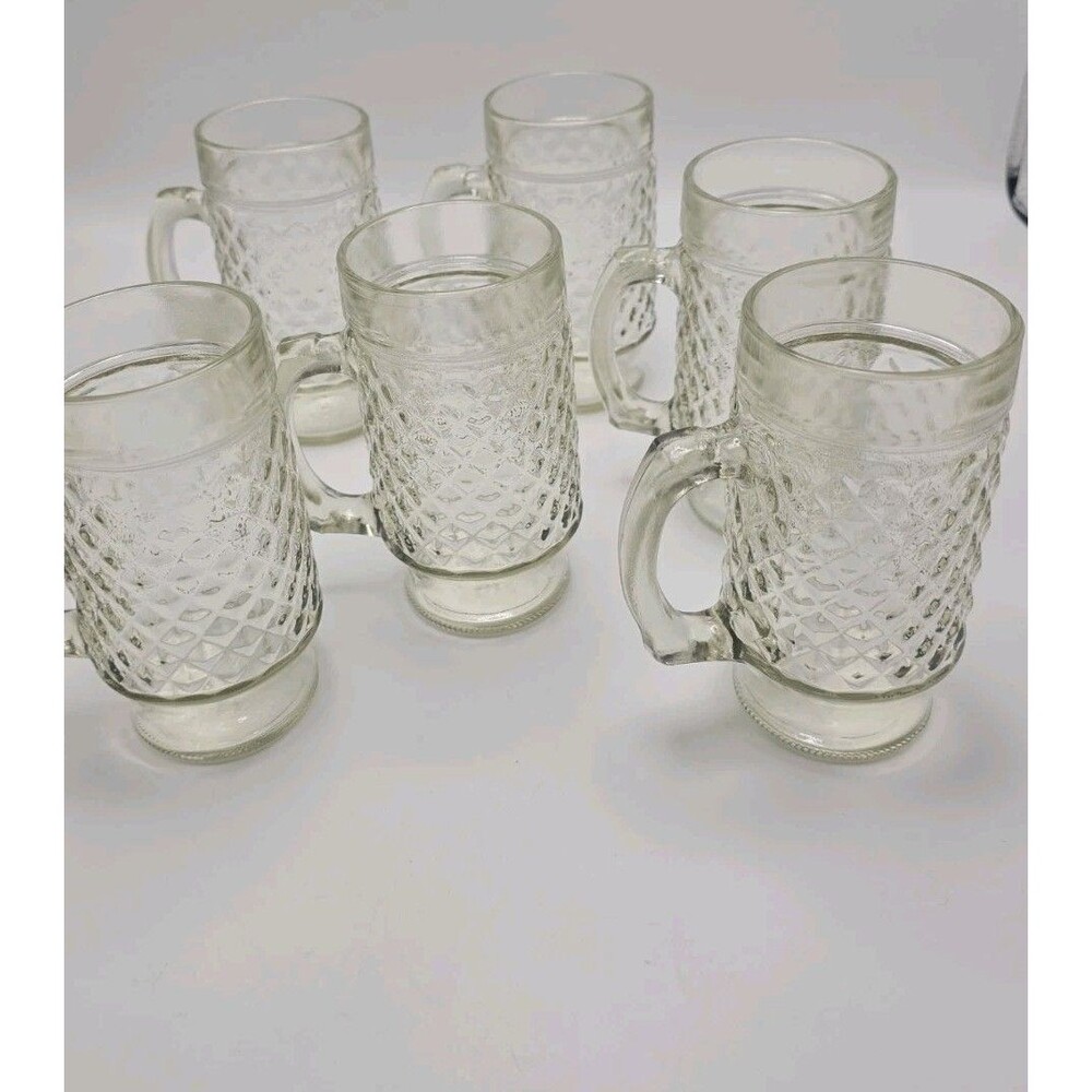 Vintage Anchor Hocking Wexford Clear Glass Mugs Set of 6 Footed Beer Stein MCM